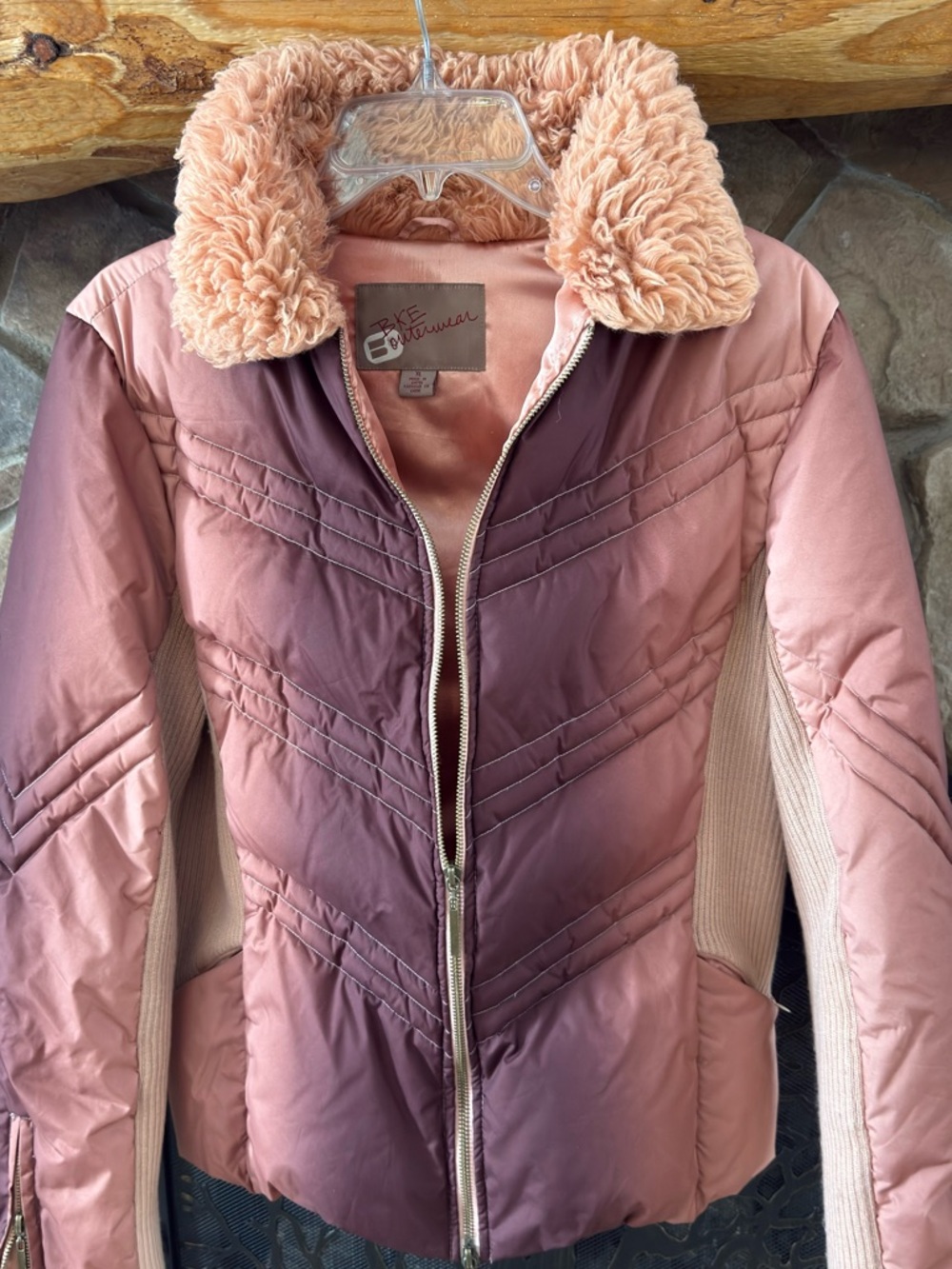 BKE Vintage Pink & Mauve Ombre Quilted Jacket with Faux Fur Collar